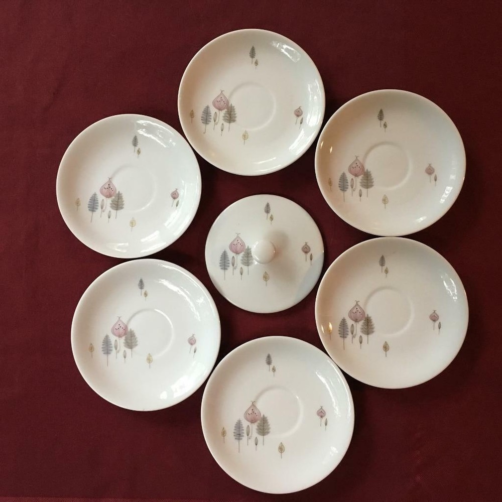 Summit Fine China Saucers and Sugar Bowl Lid UNUSED  7 Pieces MCM 1950s